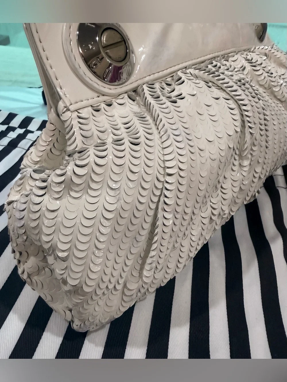 Henri Bendel Cream Patent Leather Paillette Evening Clutch w/ Mirror